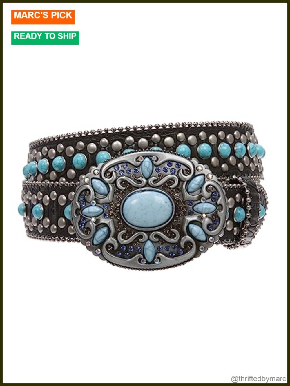 Western Turquoise Rhinestone Faux Crocodile Print Genuine Leather Belt